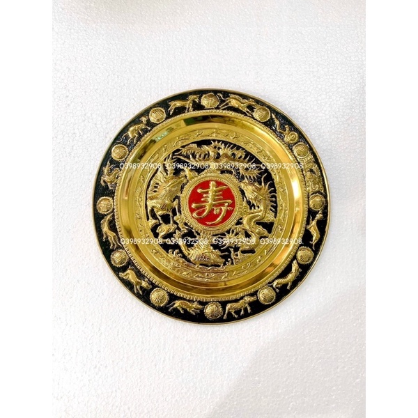 Mâm đồng nổi tứ linh vẽ đen chữ thọ 52 cm chất liệu bằng đồng nguyên chất bảo hành trọn đời hàng làm thủ công tay