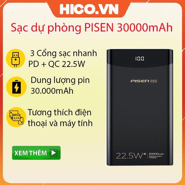 Sạc Dự Phòng Pisen Pro LED Power Station 30000mAh BL-D82LS - Dung Lượng Pin Khủng - Bảo Hành Chính Hãng