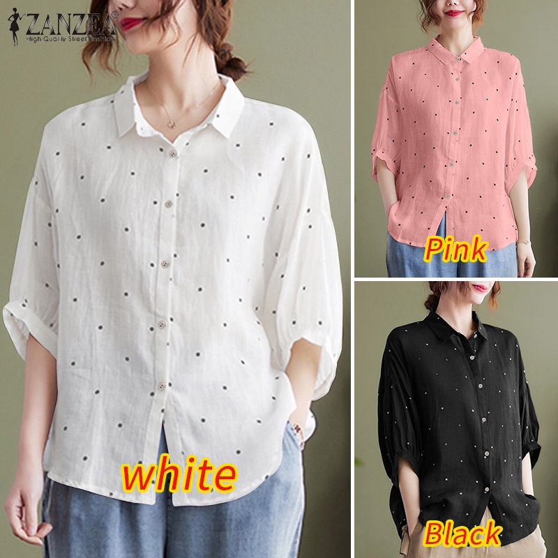 Áo sơ mi Zanzea tay ngắn cổ bẻ họa tiết chấm bi phong cách vintage dành cho nữ