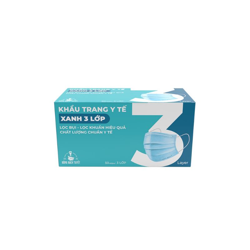 Combo 3 hộp khẩu Trang Bông Bạch Tuyết 3 lớp màu xanh.