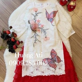 Áo dài ren thêu bướm hoa nổi
