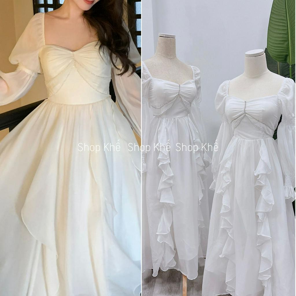 Đầm maxi voan trắng tay dài, đính đá quý phái, sang trọng, thích hợp đi tiệc, đi chơi biển