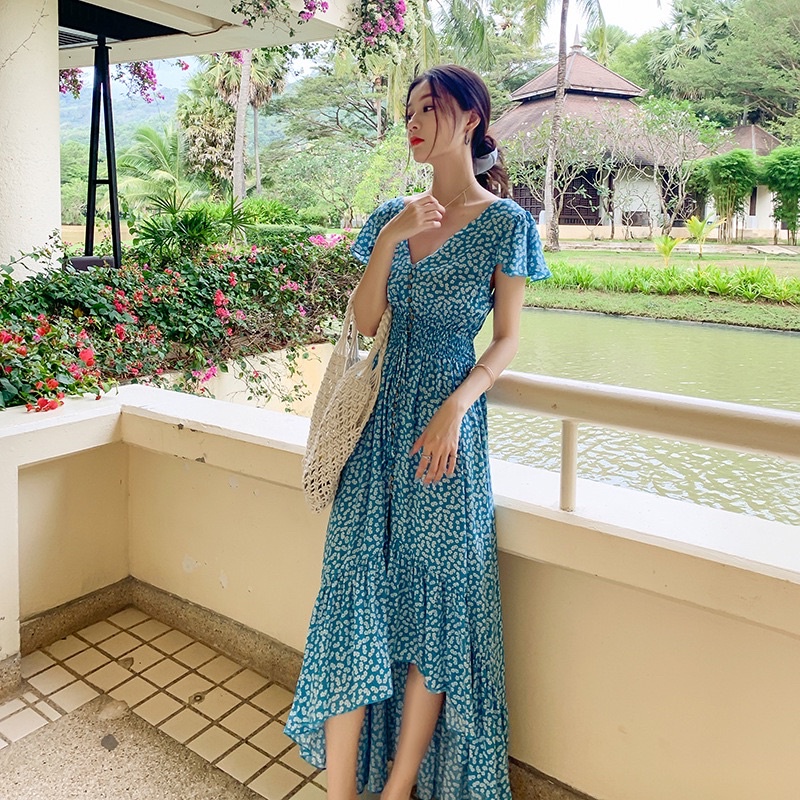 Đầm váy maxi hở lưng tay cánh tiên vạt đuôi cá dáng xoè đi biển