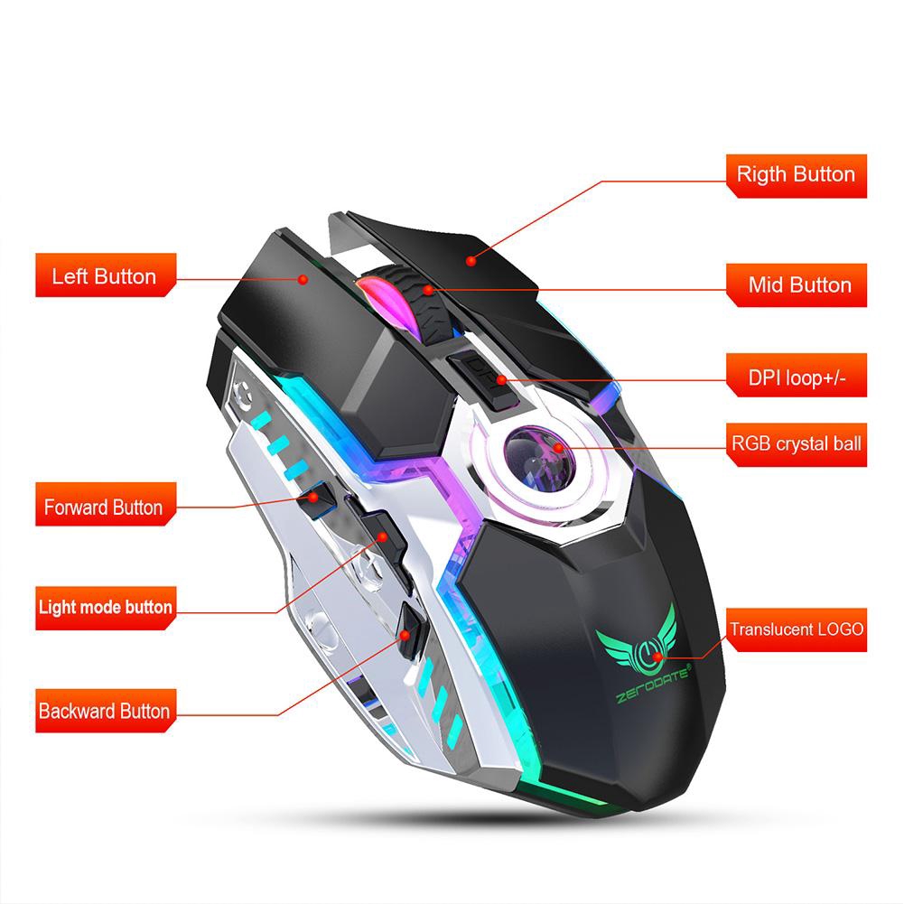 Chuột gaming ZERODATE T30 kết nối không dây 2.4Ghz dùng pin sạc tiện lợi tích hợp LED nhiều màu sắc