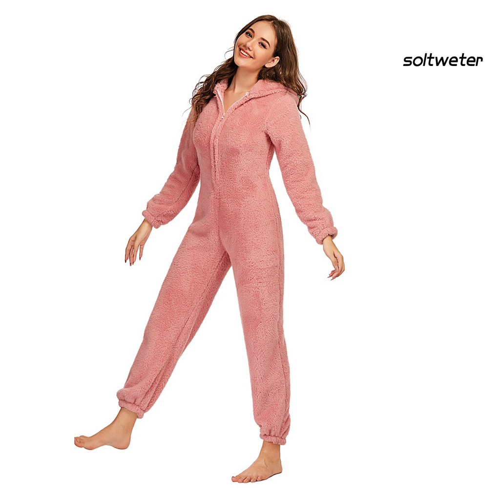 Bộ đồ ngủ liền thân tay dài có mũ trùm phối khóa kéo thời trang mùa đông cho nữ