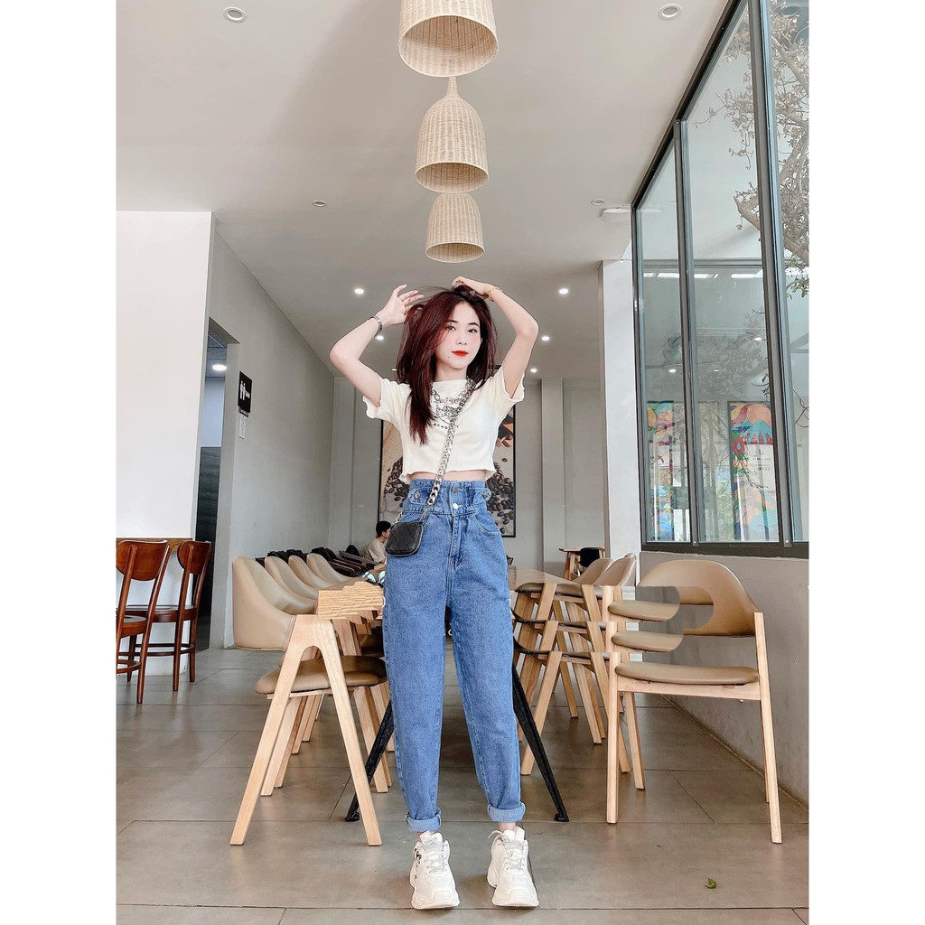 [ LỘNG GIÓ ] QUẦN BAGGY JEAN NỮ LƯNG CAO 2 NÚT VẠT TO MÀU XANH ĐẬM CAO CẤP HADI ĐỦ SIZE S, M, L SIÊU CÁ TÍNH, LAI CUỐN
