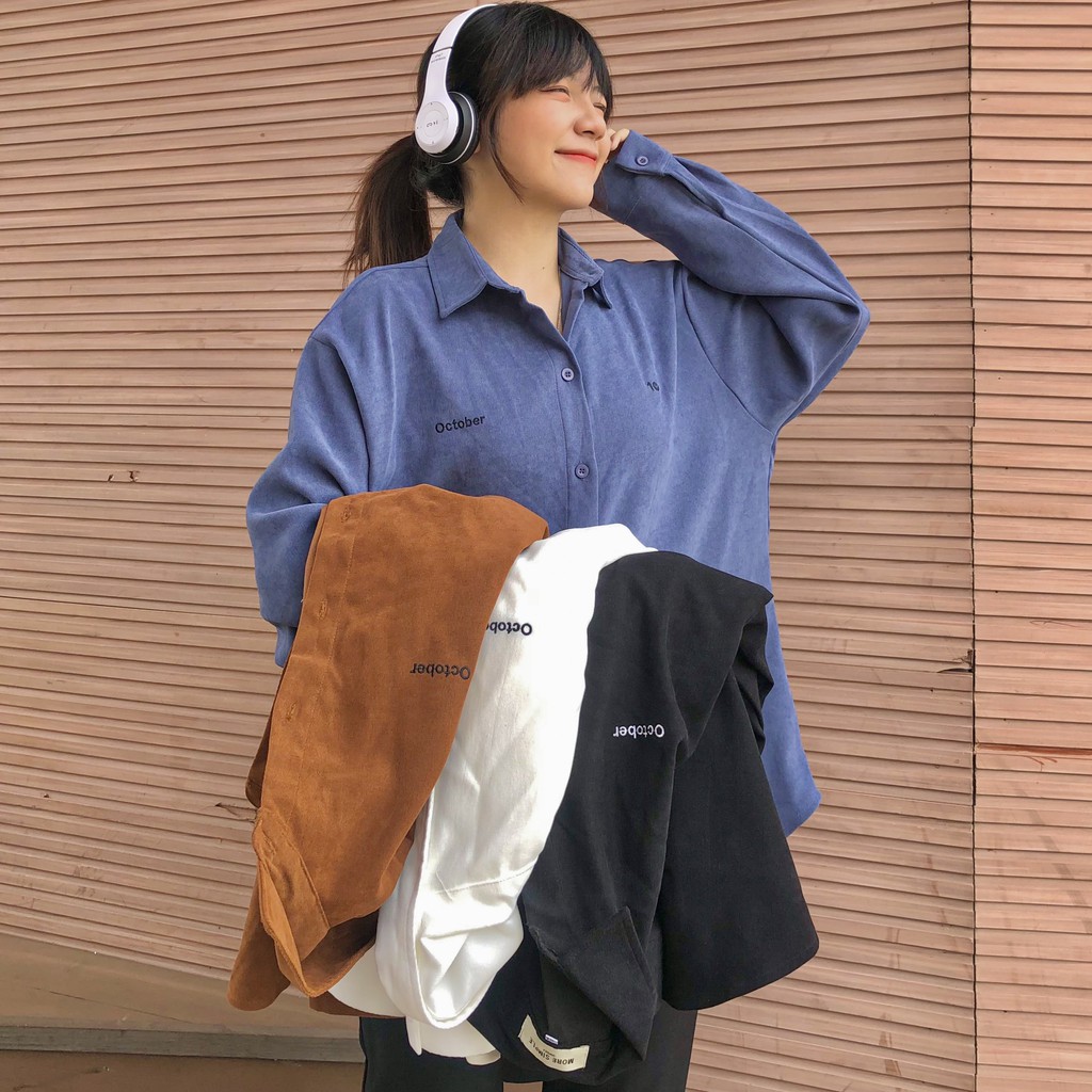 Áo Sơ Mi Nữ Dài Tay Form Rộng Thêu Chữ OCTOBER Vải lụa Phong Cách Ulzzang -ZoZo_unisex