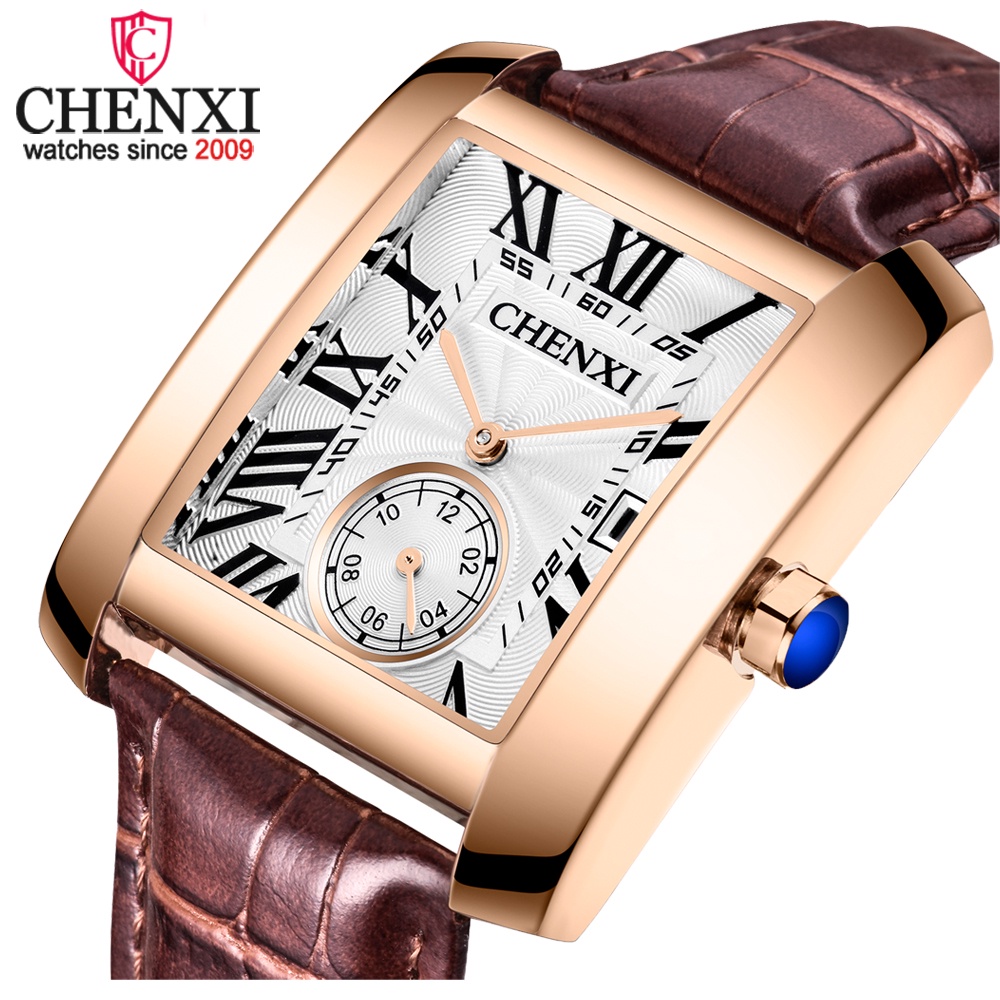 Đồng Hồ CHENXI Mặt Vuông Dây Da Nâu Phong Cách Vintage Cho Nam