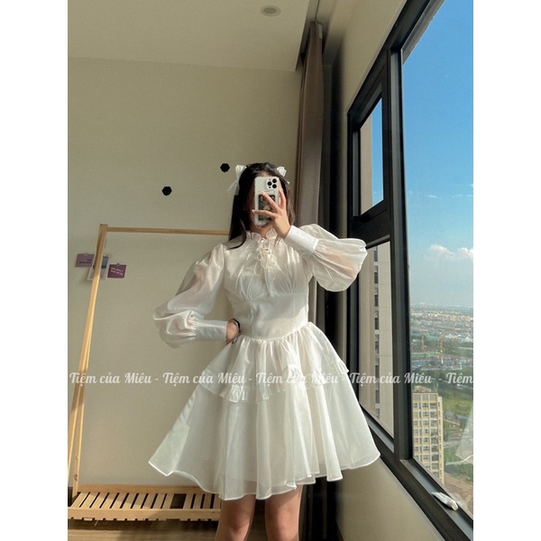 [𝗣𝗲𝗼𝗻𝘆 𝗱𝗿𝗲𝘀𝘀] Váy liền cổ V dài tay chân váy tầng tiểu thư