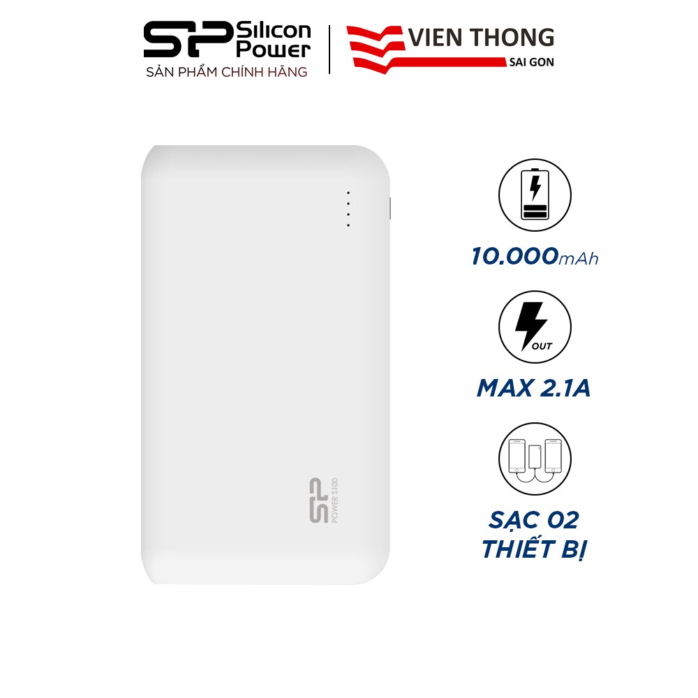 Pin sạc dự phòng Silicon Power S100 10000mAh hỗ trợ sạc nhanh 2.1A (Trắng) - Hãng phân phối chính thức