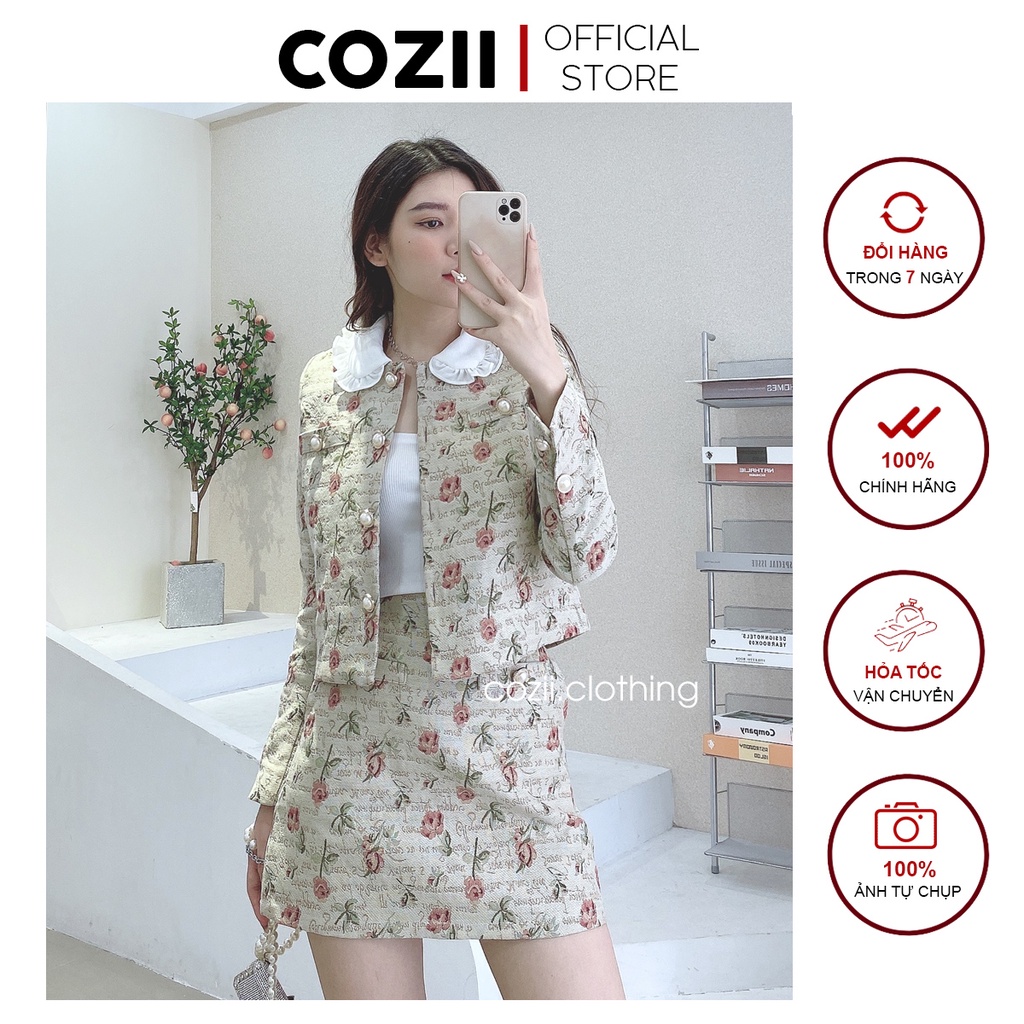 Set Áo Gấm Hoa Dài Tay Chân Váy Ngắn Kèm Cúc Bọc Cao Cấp S387