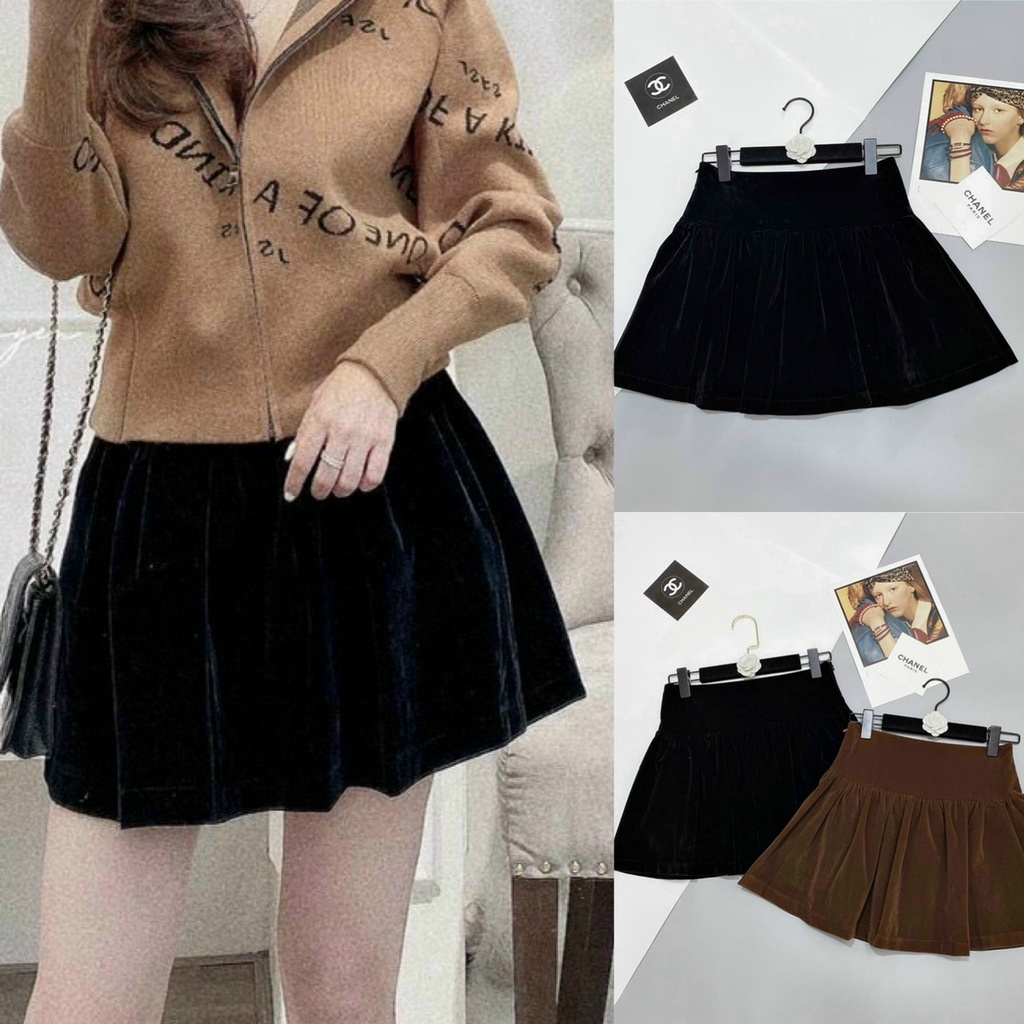 Chân váy nhung nữ NHẬT LINH chân váy ngắn dáng xòe cạp cao tôn dáng thiết kế trơn basic hàng đẹp - CV478