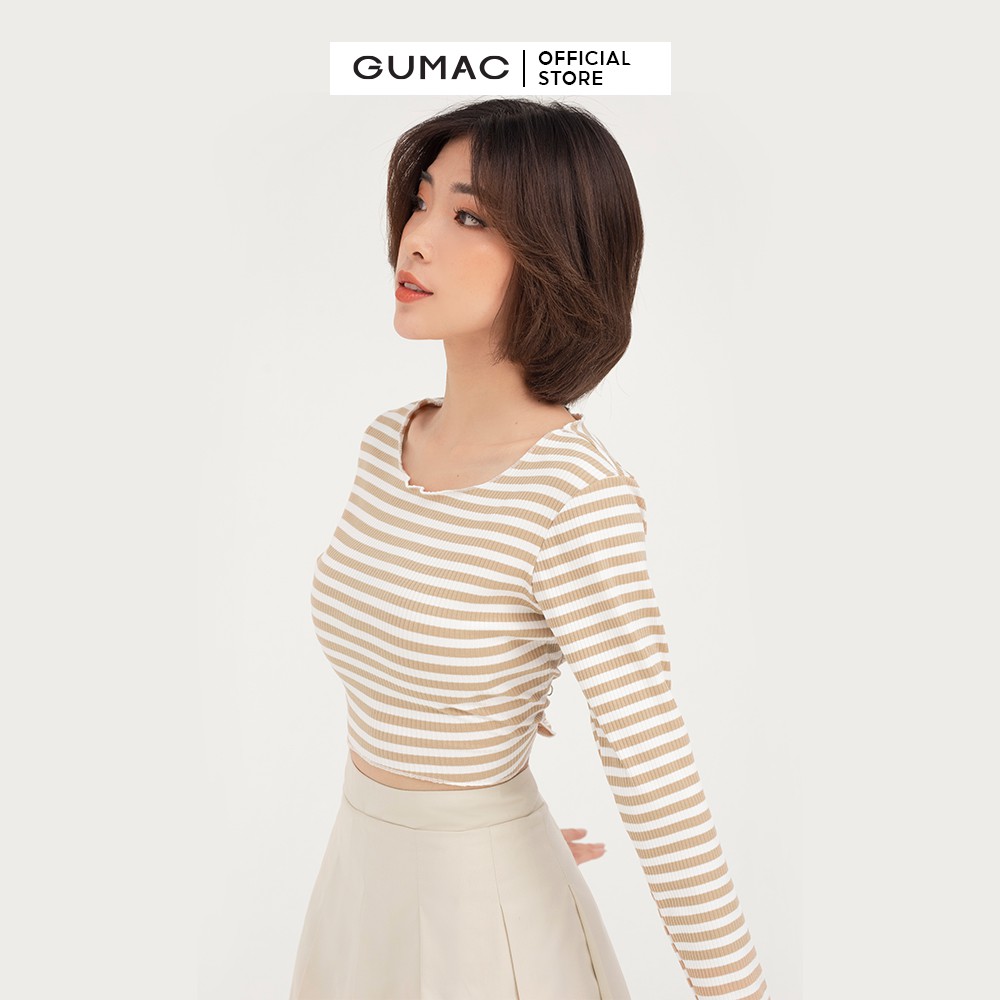 Áo thun nữ croptop tay dài GUMAC họa tiết sọc ngang ôm body ATB412 | BigBuy360 - bigbuy360.vn