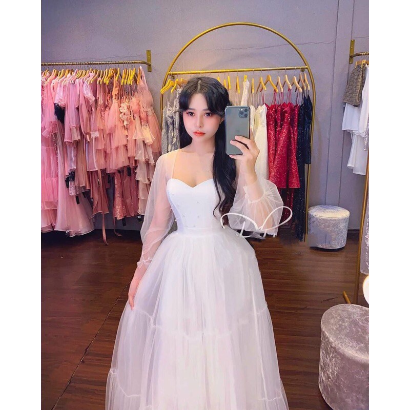 ĐẦM XÒE KIM TUYẾN TAY DÀI ĐÍNH CƯỜM