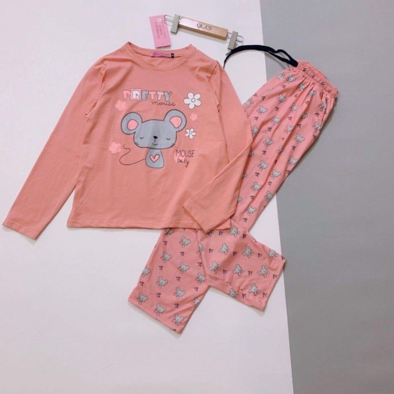 Set bộ quần áo dài tay mặc nhà cotton hình con chuột MH