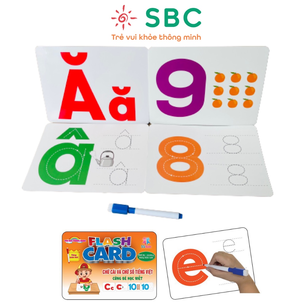 Thẻ học thông minh Saviha cho bé học CHỮ CÁI CHỮ SỐ tập viết cỡ to 15x21 cm ép chống thấm TẶNG KÈM BÚT