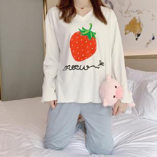 Bộ đồ pijama ngủ in hình quả dâu dễ thương chất lượng cao cho nữ