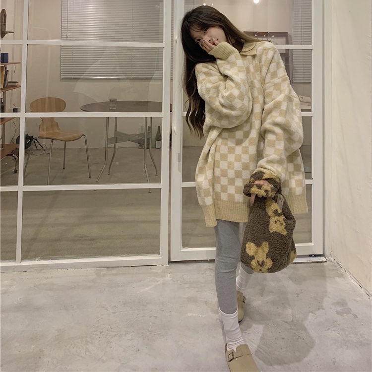 Áo sweater dệt kim dáng rộng họa tiết kẻ sọc phong cách Hàn Quốc mới cho nữ