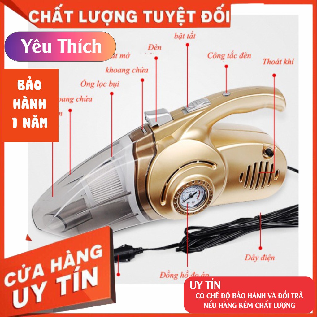 Máy hút bụi kiêm bơm xe đo áp suất lốp cho xe hơi 4 in 1 Cao Cấp thiết kế nhỏ gọn tiện lợi dễ dàng sử dụng