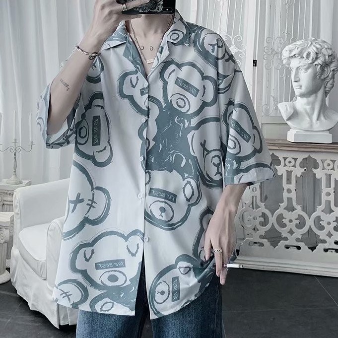 Áo sơ mi nam tay ngắn in hình gấu cá tính Simple Fashion unisex bigsize áo thun có cổ Hàn Quốc from rộng  lụa áo sơ mi nam ngắn tay