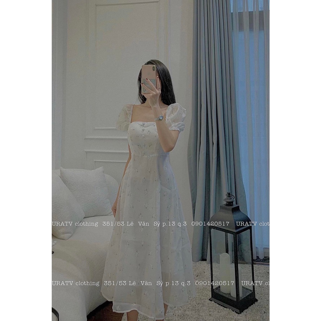 [CÓ SẴN-ẢNH THẬT] Đầm trắng cổ vuông Freesize&lt;55kg