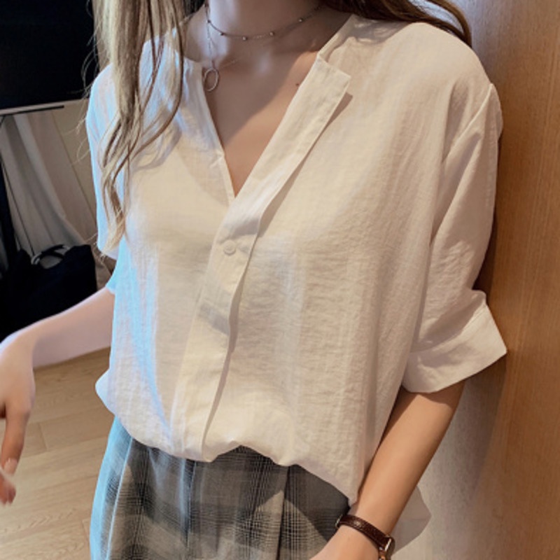 Áo Sơ Mi Trơn Ngắn Tay 153145 Áo Sơ Mi Cổ Chữ V Dáng Rộng Thiết Kế Giản Dị Phong Cách Hàn Quốc Thời Trang