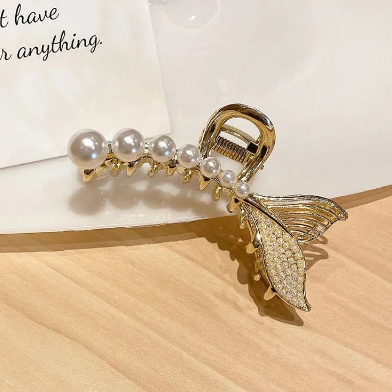 Kẹp tóc càng cua kim loại đuôi cá đính ngọc phong cách hàn quốc