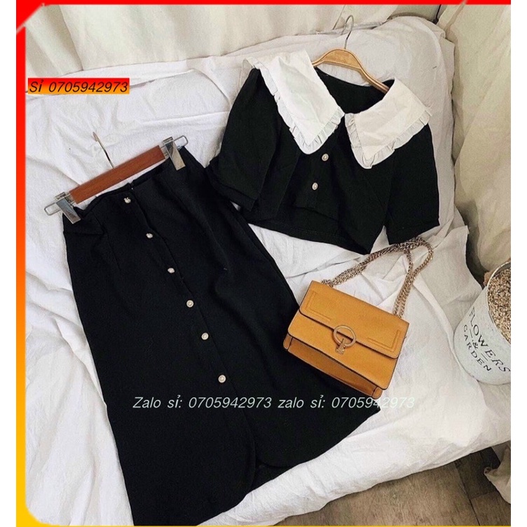 Set Áo Cổ vintage chân váy dài set váy Đen