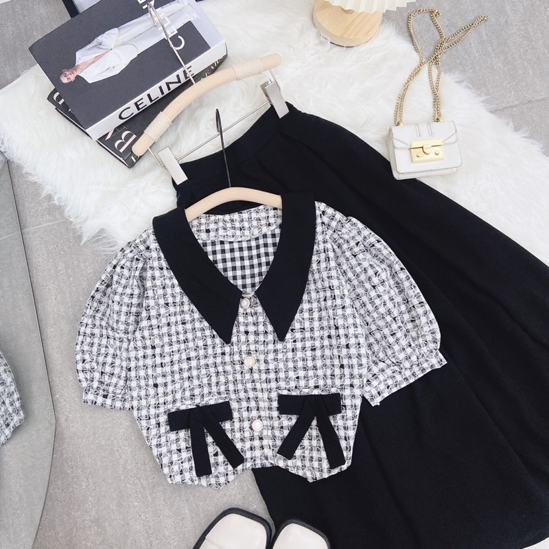 SET ÁO DẠ CARO CỔ VIỀN ĐEN THẮT NƠ TÚI + CHÂN VÁY MIDI ĐEN