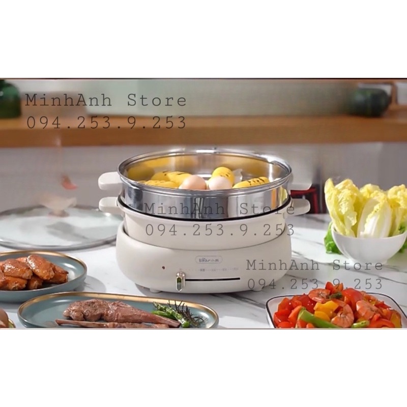 Nồi lẩu-nướng Bear DHG- C40W2- 3 in 1 kèm khay hấp- hàng có sẵn -Bh 12 tháng