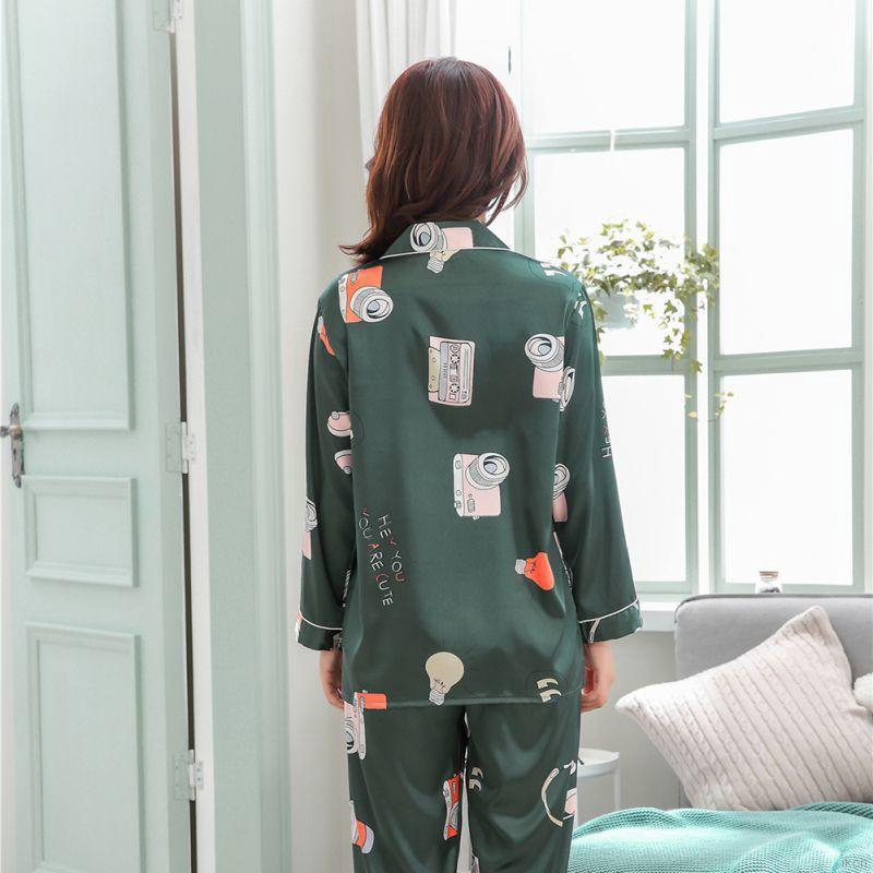 Summer Couple Silk Ice Silk Camera Pajamas Print Long Sleeve Casual Korean Loose Home Pajamas Set