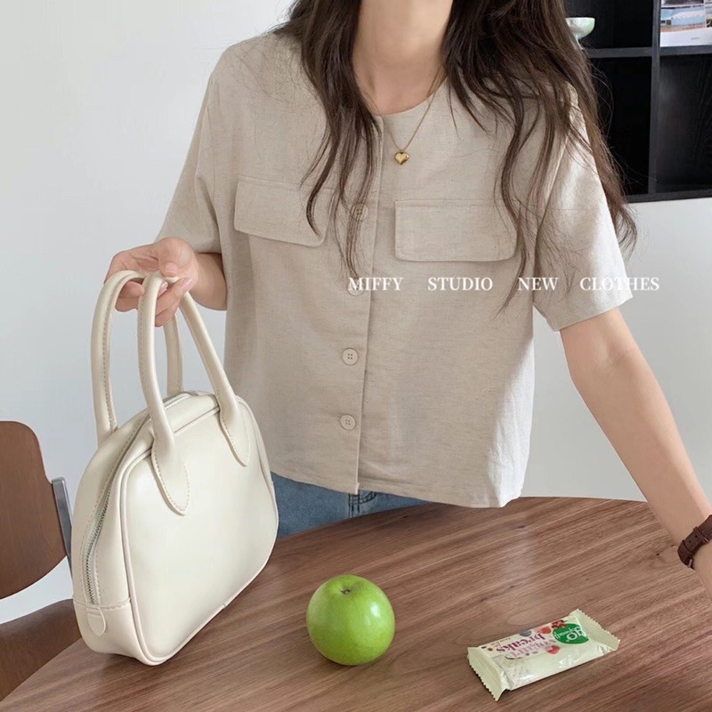 Áo kiểu linen nữ tay ngắn có túi