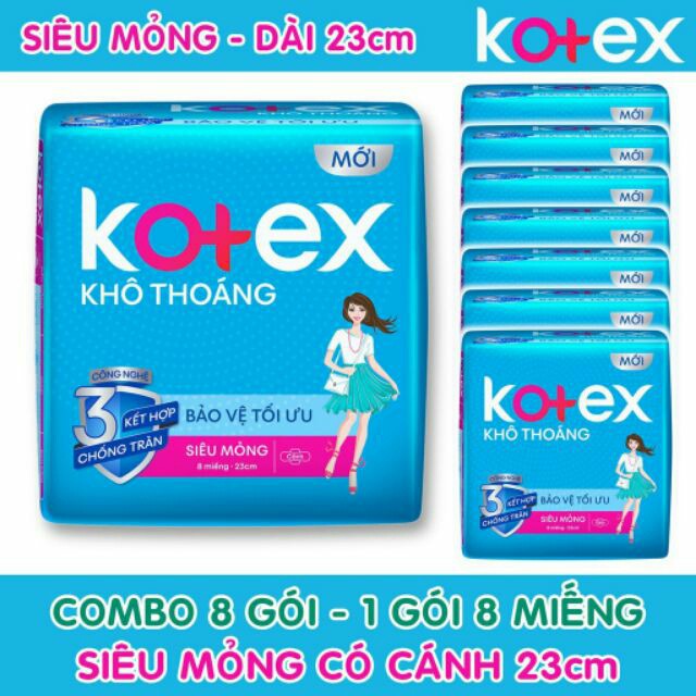 Lốc 8 gói Kotex Khô Thoáng siêu mỏng cánh 23cm- gói 8 miếng