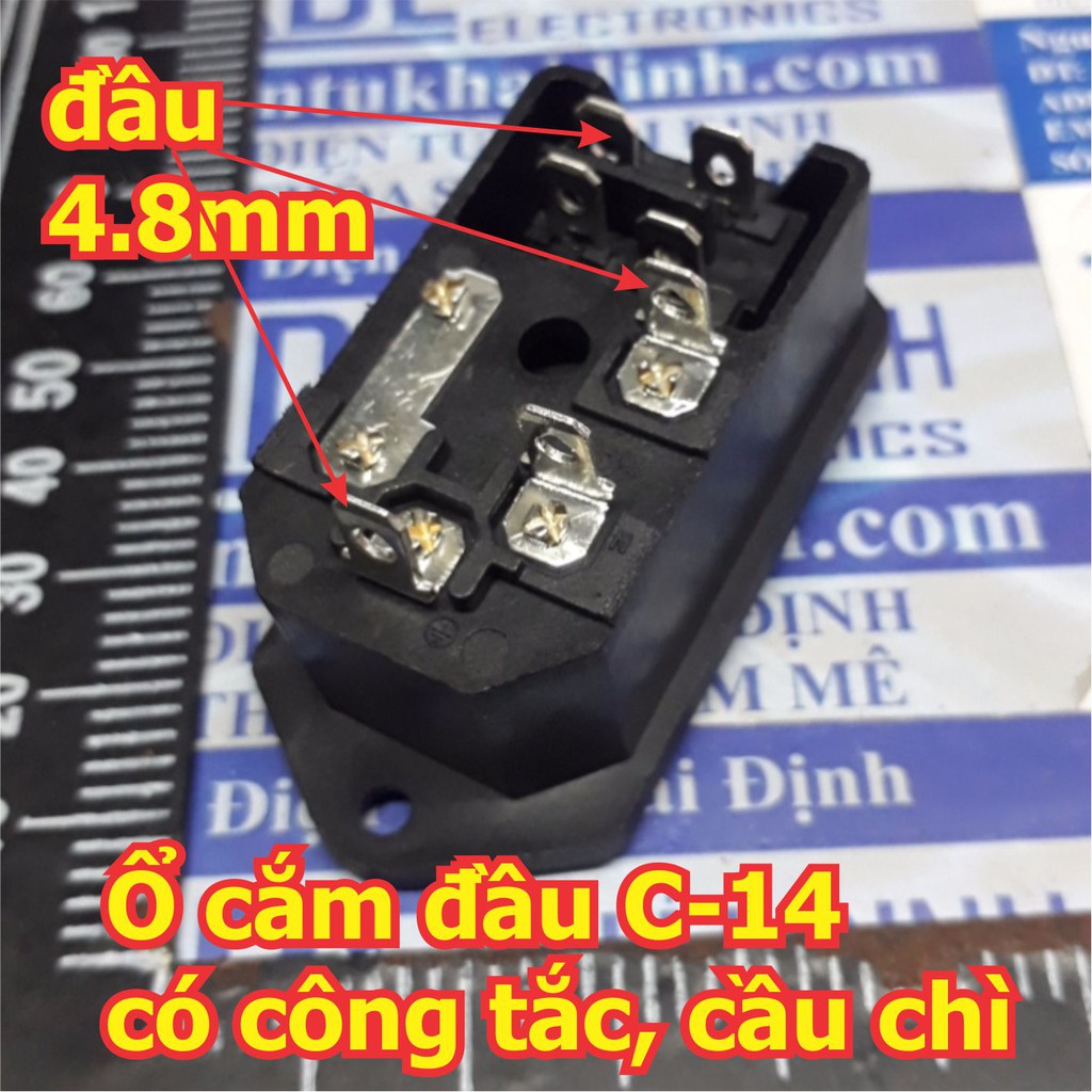 Ổ cắm điện 3 chấu đầu cái C-14, ổ nguồn AC 3 chân 220VAC có công tắc, ổ cắm cầu chì kde7040