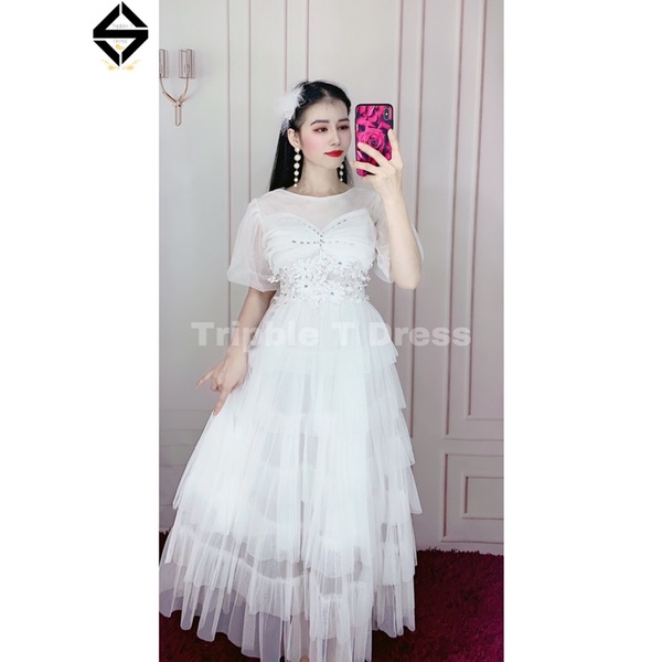 Đầm xoè công chúa tay phồng xếp tầng kết hoa nổi và cườm siêu xinh TRIPBLE T DRESS - size M/L - MS367V