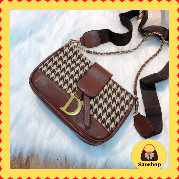 Túi xách kẹp nách đeo chéo chữ D chất liệu da pha thổ cẩm thời trang hót 2022