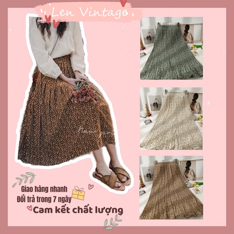 Chân váy xoè midi Vintage hoa nhí phong cách retro Hàn Quốc nữ sinh chữ A hoạ tiết bohochic xinh xắn