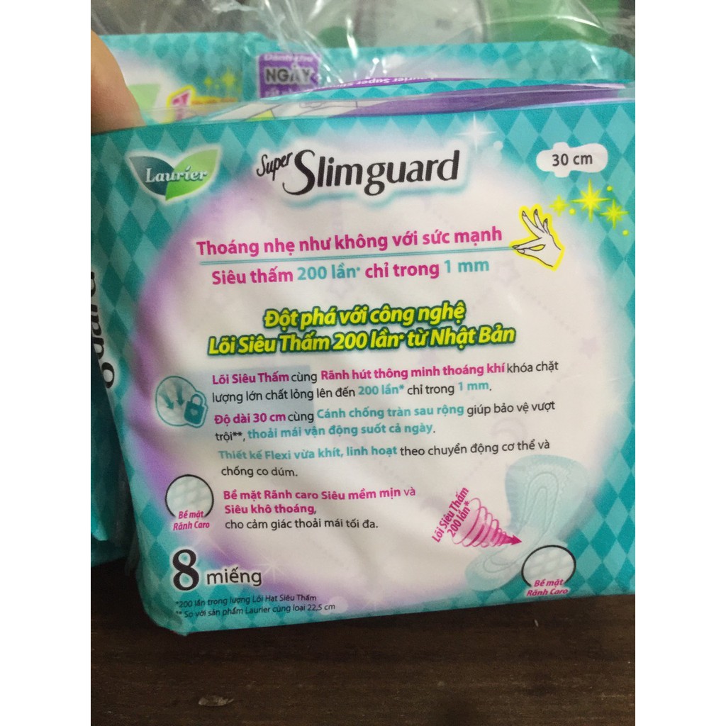 BĂNG VỆ SINH LAURIER BAN ĐÊM SUPPER SLIMGUARD 30cm 1mm 8 miếng