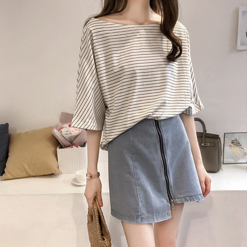 B582 áo thun big size freesize cổ thuyền lệch vai kẻ ngang thời trang phong cách