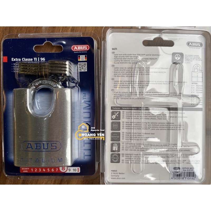 Khóa ABUS 96CSTI/60 thân TITALIUM 60mm, Khóa bấm chống cắt bằng kìm 4 chìa vi tính