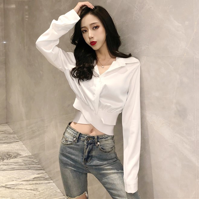 Áo sơ mi croptop bo eo phá cách, năng động ullzang J0169