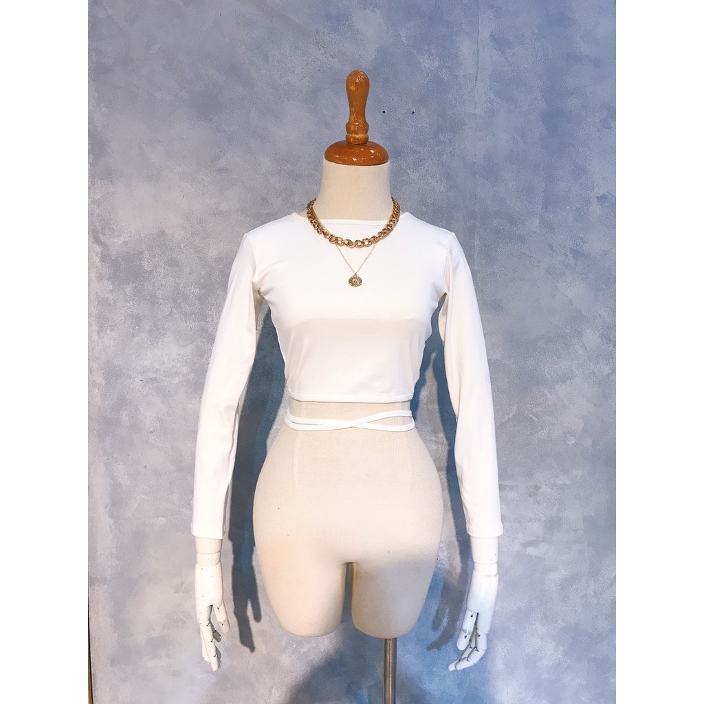 Áo Tay Dài Nữ Hở Lưng Có Mút Ngực Trắng Đen Buộc Dây Chất Thun Lụa Borib "HỞ LƯNG DÀI TAY" | BigBuy360 - bigbuy360.vn