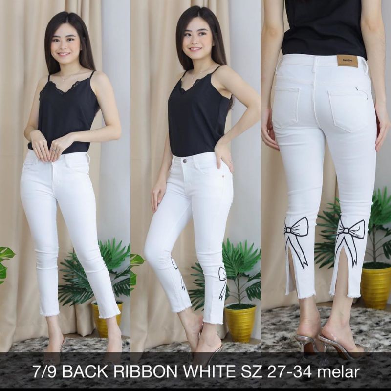 Hàng có sẵn. Quần jean RIBBON SNOW BLUE WHITE & NAVY 27-34 co giãn mềm mại