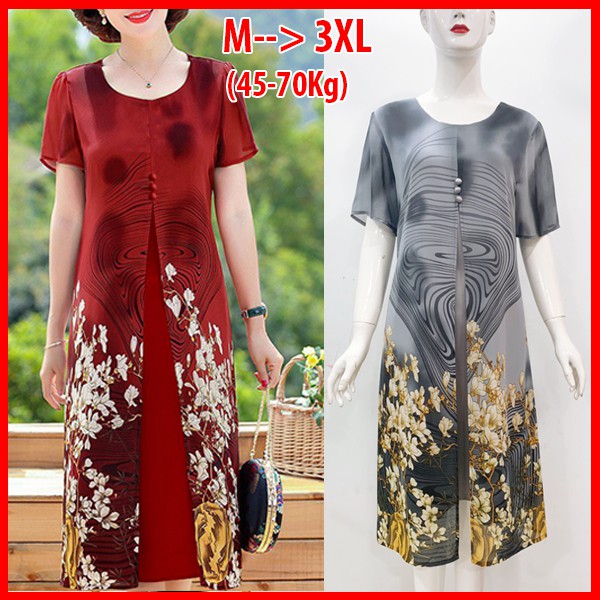 GOTI - Đầm Trung Niên Size Lớn Dự Tiệc Kiểu Dáng Suông Voan In Hoa Dài Qua Gối Tay Ngắn Cho Mẹ U50 U60 3296 3301