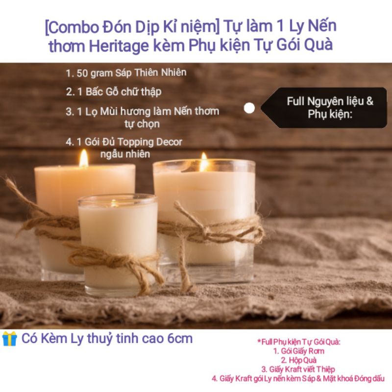 [Combo Đón Dịp Kỉ niệm] Tự làm 1 Ly Nến thơm Heritage kèm Phụ kiện Tự Gói Quà - 9293store - 9293kitdecor