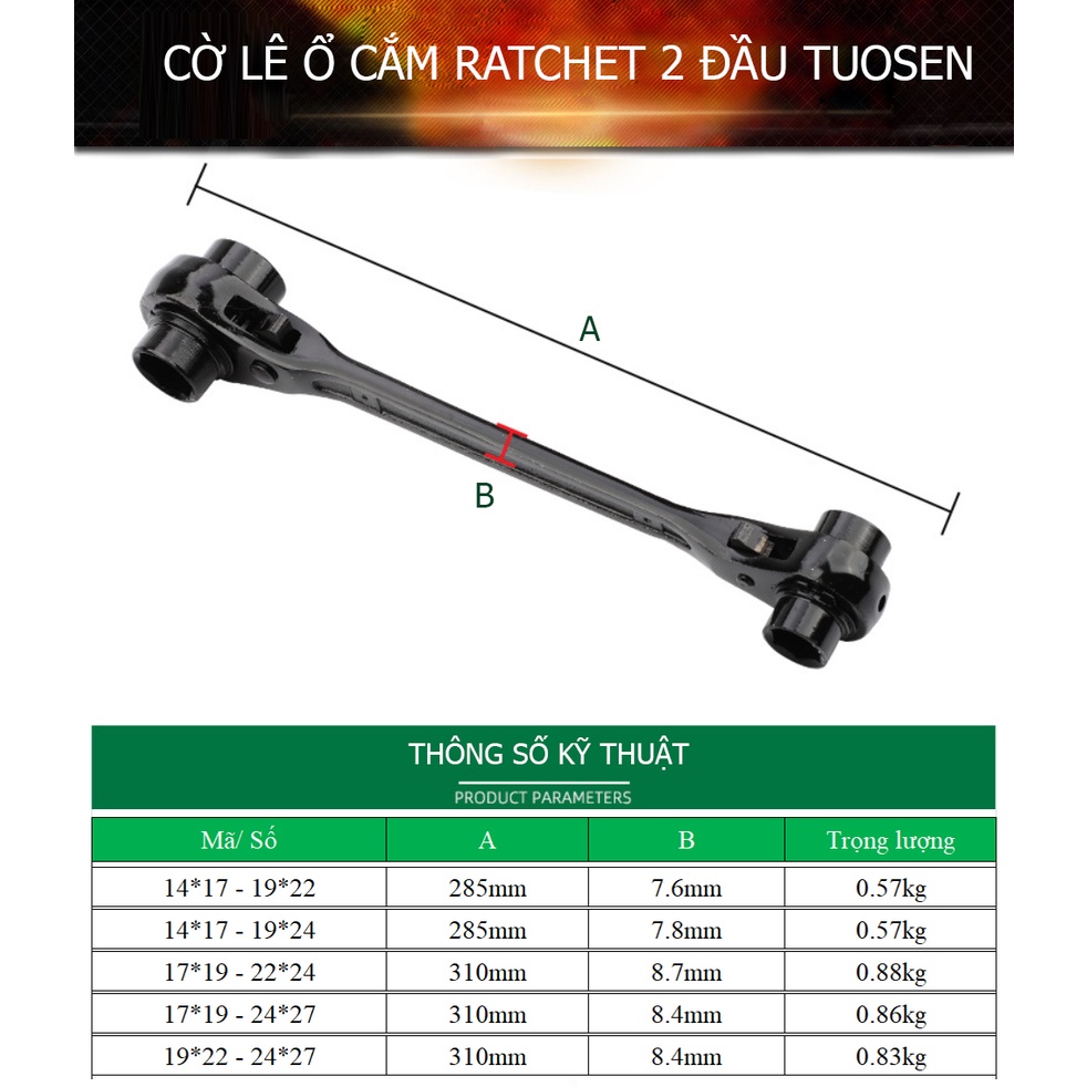 Cờ lê ổ cắm Ratchet 2 đầu TUOSEN, cờ lê bánh cóc - với 5 lựa chọn từ cỡ 14mm tới 27mm