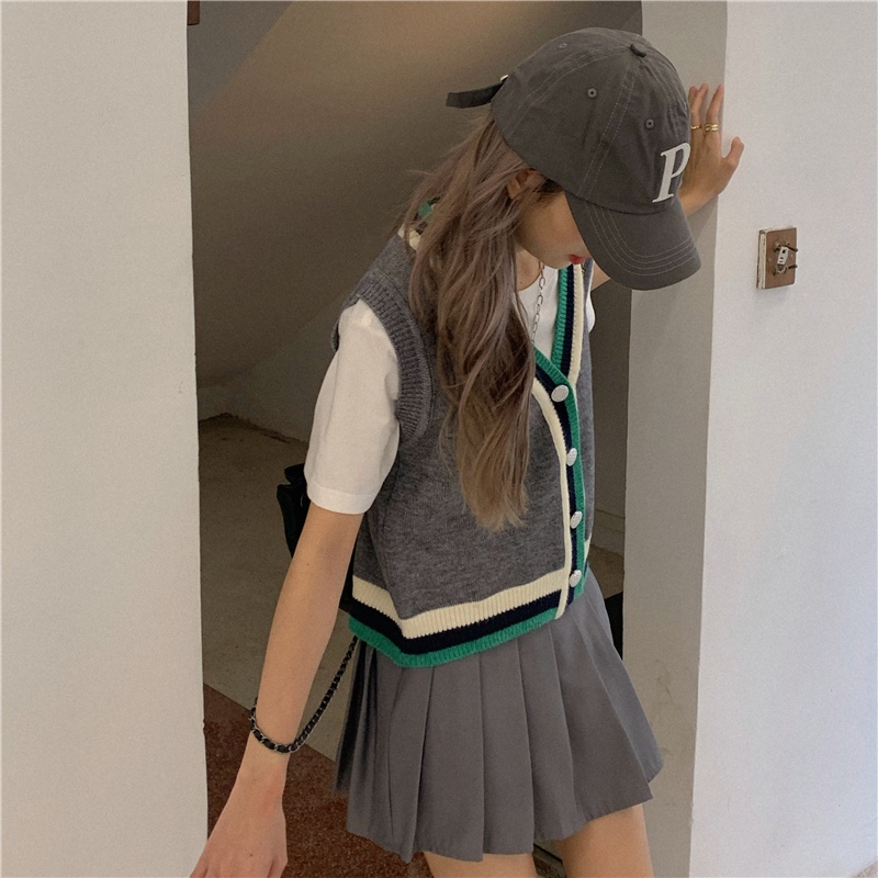 Áo khoác cardigan dệt kim không tay màu sắc tương phản thời trang mùa thu phong cách cho nữ