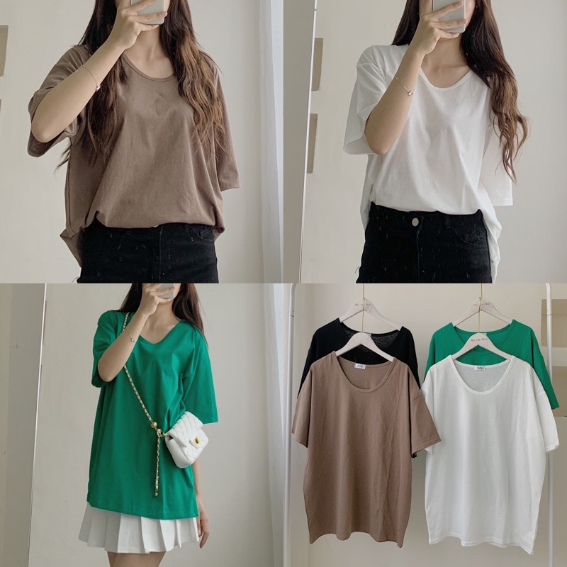 Áo thun cổ tròn tay ngắn, áo phông cộc tay Quảng Châu chất thun giấy co giản form rộng trơn basic thời trang