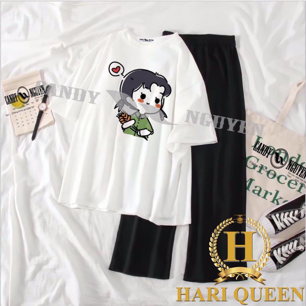 Sét áo phông in hoạt hình các mẫu 02 + quần ống rộng dáng dài HARIQUEEN