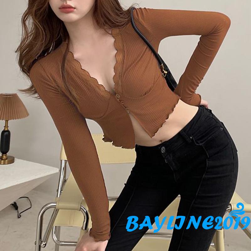Áo croptop tay dài cổ chữ v phối ren thời trang cho nữ